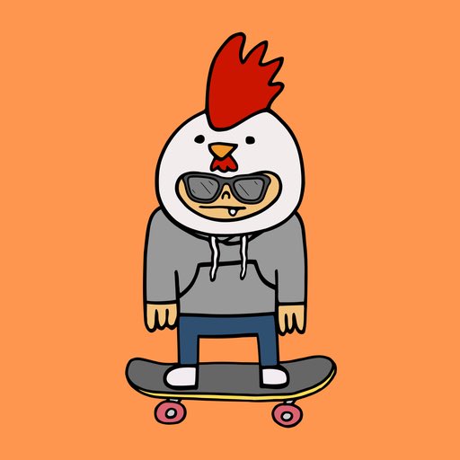 A cartoon illustration of a chicken wearing sunglasses and a gray hoodie, standing on a skateboard against an orange background.