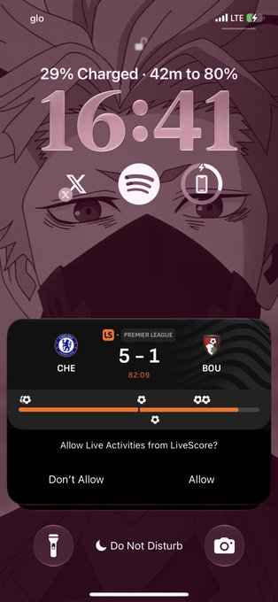 iPhone lock screen showing the time 16:41, battery at 29% (42m to 80%), and a LiveScore notification for a Premier League match between Chelsea (CHE) and Bournemouth (BOU) ending 5-1, with a prompt to 'Allow Live Activities from LiveScore?'