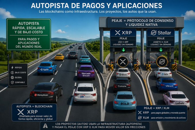 The image shows a busy highway with multiple lanes filled with cars driving towards a toll booth. The text in the image suggests that there are investors who believe that the toll booth will be used by millions of vehicles, making the native asset (the toll booth) essential for maintaining and operating the infrastructure. This could potentially lead to an increase in value if the toll booth becomes more valuable over time due to increased demand or other factors. The image also includes a post about XRP or XLM investors who are interested in investing in this type of infrastructure, as they see it as a potential source of income through toll collection and asset management.