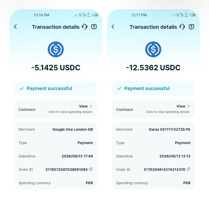 Two mobile transaction screenshots showing successful USDC payments: -5.1425 USDC to Google One London GB and -12.5362 USDC to Daraz 02111132729 PK, both dated 2026/08/13.