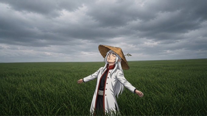 An anime-style illustration of a white-haired character wearing a straw hat and white coat, standing with arms outstretched in a green grassy field under a cloudy sky.