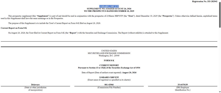 Supplement No. 6 dated August 26, 2026 to the prospectus dated December 10, 2025 for 21SHARES XRP ETF, including Form 8-K Current Report filed with the SEC on August 26, 2026.
