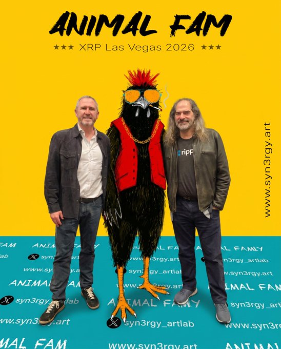 Promotional graphic for "ANIMAL FAM XRP Las Vegas 2026" featuring a large, spiky black chicken character wearing sunglasses, a gold chain, and a red vest, flanked by two men—one in a dark jacket and the other wearing a "ripple" shirt—set against a yellow and teal background with "syn3rgy.art" watermarks, likely created to attract attention from Ripple executives Brad Garlinghouse and David Schwartz on the platform.