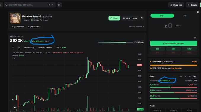 The image shows a cryptocurrency trading interface for the token "JAOCAT/ USD" with a market cap of $630K and a current price of $5379, displaying significant price volatility with a notable price change of +24956.4% in the last 1 hour (marked with blue circles). The screenshot appears to demonstrate the trading platform referenced in the YouTube tutorial about PumpFun, showcasing how users can buy/sell memecoins on the Solana ecosystem.