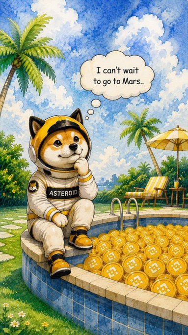 A watercolor-style illustration shows an astronaut dog wearing a suit labeled "ASTEROID" sitting on the edge of a swimming pool filled with gold Binance (BNB) coins, dreaming of going to Mars.