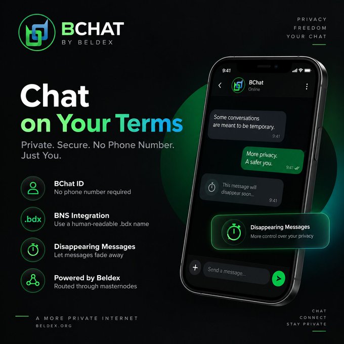 An advertisement for BChat by Beldex, featuring the tagline 'Chat on Your Terms' and highlighting features like BChat ID, BNS Integration, Disappearing Messages, and being powered by Beldex masternodes.