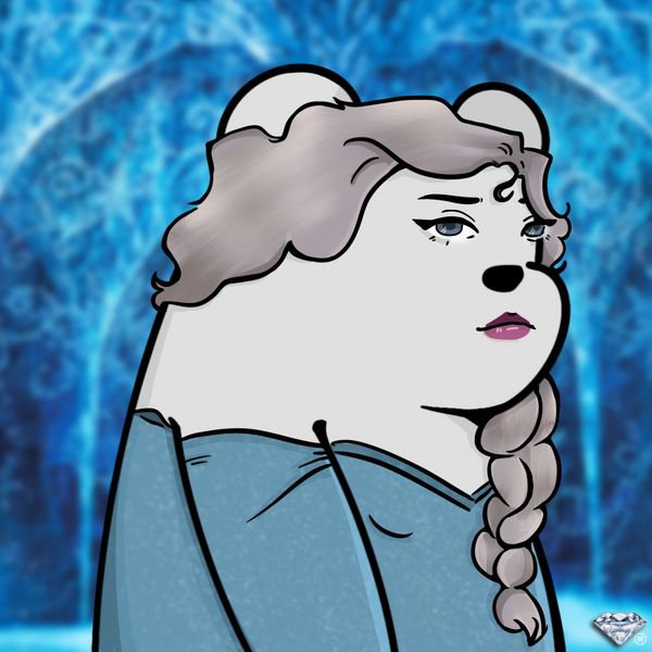 A digital illustration of a white anthropomorphic bear character with gray hair styled in a braid, wearing a blue hoodie, set against a blue patterned background.