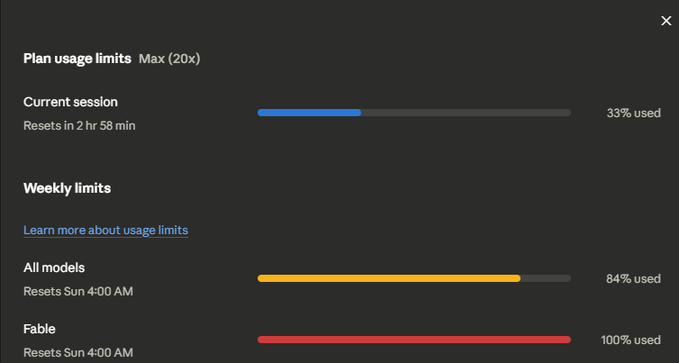 A dark-themed 'Plan usage limits' dashboard showing progress bars for 'Current session' at 33% used, 'Weekly limits' for 'All models' at 84% used, and 'Fable' at 100% used, with reset times indicated.