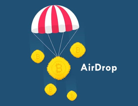 A simple digital graphic on a dark blue background illustrates the concept of a cryptocurrency 'AirDrop', showing a red and white striped parachute carrying gold coins marked with the Bitcoin 'B' symbol.