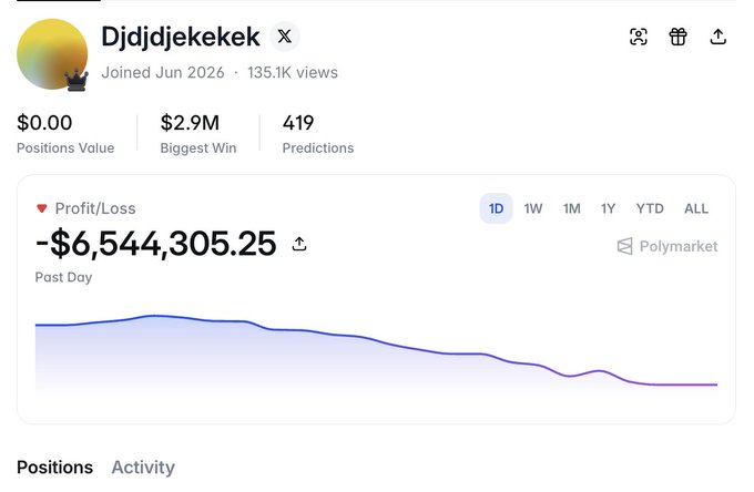 A user profile for 'Djdjdekekek' shows a profit/loss of -$6,544,305.25 over the past day on Polymarket, with a $0.00 positions value, a $2.9M biggest win, and 419 predictions.