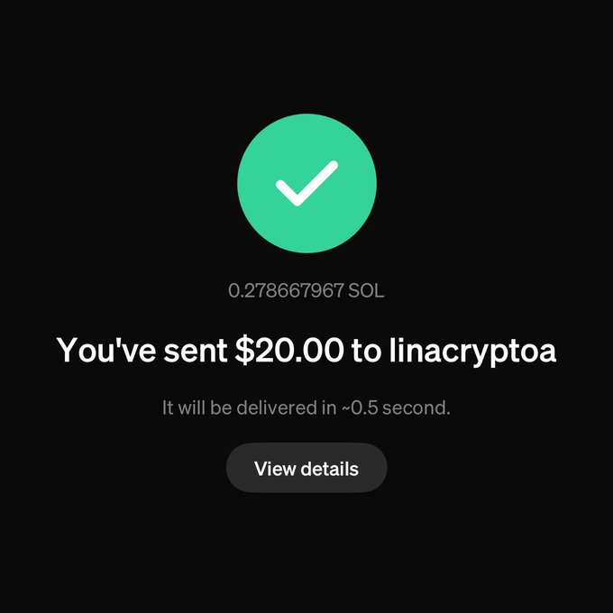 A successful crypto transaction confirmation screen showing 0.278667967 SOL ($20.00) sent to "linacryptoa," with delivery expected in ~0.5 seconds. The image ties into "bon appetite" by humorously framing the crypto transfer as a meal being "served" instantly to its recipient.