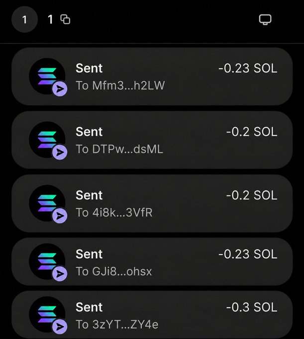 The image shows five sent Solana transactions on a wallet app, each ranging from -0.2 to -0.3 SOL, which appear to be small SOL tips sent to various recipients (Mfm3, DTPw, 4i8k, GJi8, 3zYT), aligning with the post announcing money was sent out and asking who else hasn't won yet.