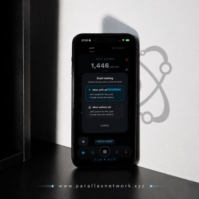 A smartphone displays the Parallax Network app showing a "Start mining" prompt with two options—"Mine with ad (Recommended)" or "Mine without ad"—alongside a total balance of 1,446 $PAR200, illustrating the post's message that watching ads is optional for users on Parallax Network. The minimalist setup with the project's logo in the background reinforces the "Your Choice. Your Experience." branding theme.