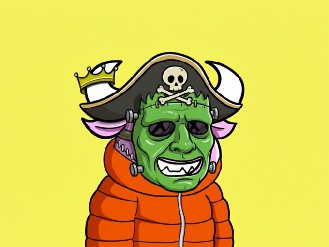 A cartoon illustration of a green-skinned Frankenstein-like character wearing a pirate hat with skull and crossbones, and an orange puffer jacket, set against a yellow background.