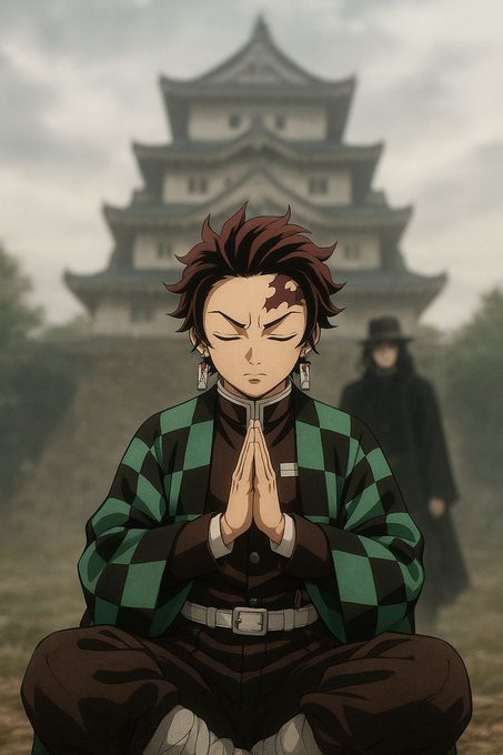An anime-style illustration of Tanjiro Kamado from Demon Slayer sitting in prayer position with his hands together, wearing his signature green and black checkered haori, with a Japanese castle and a mysterious cloaked figure in the background.