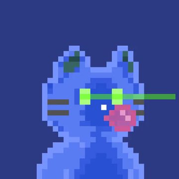 Pixel art of a blue cat holding a pink rose in its mouth, with green eyes and a dark blue background, representing an NFT from the "Rocko Cats" collection on OpenSea tied to the $RG token ecosystem.