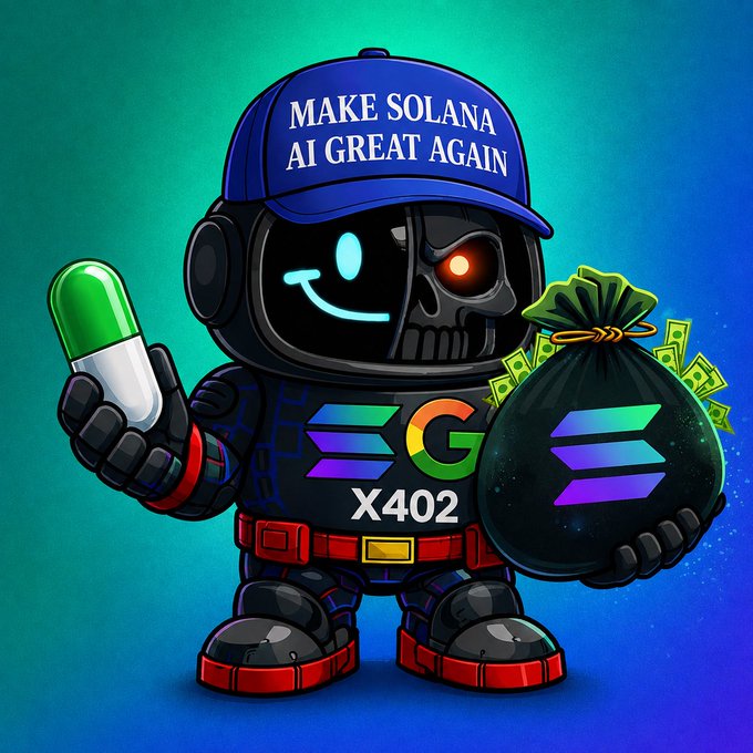 A cartoon astronaut mascot wearing a blue 'MAKE SOLANA AI GREAT AGAIN' cap, holding a green pill and a Solana-branded money bag, with 'X402' labeled on its chest.
