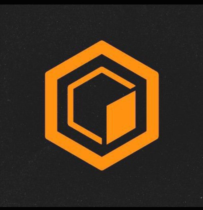 An orange geometric cube logo, resembling the Crypto.com hexagon emblem, is centered on a dark textured background.