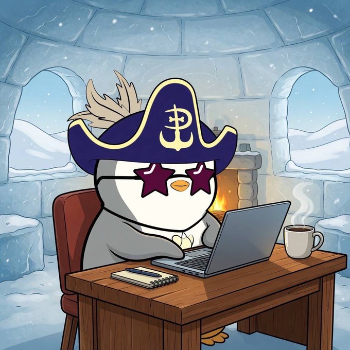 A cartoon illustration of a penguin wearing star-shaped sunglasses and a pirate hat, sitting at a wooden desk in an igloo while typing on a laptop with a steaming coffee mug nearby.
