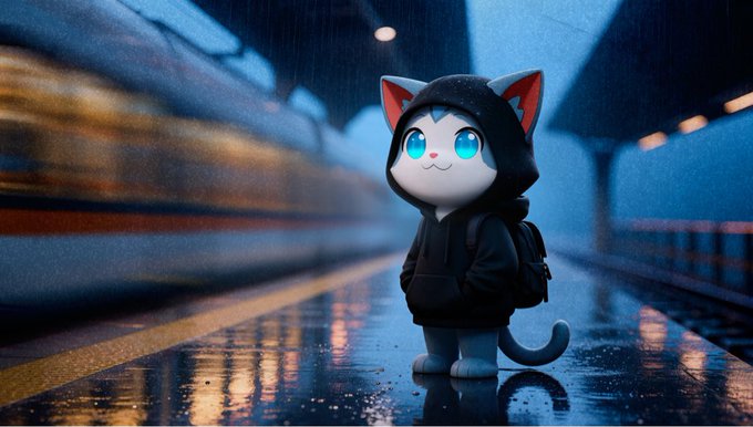 A cartoon cat in a hoodie stands on a rainy train platform, looking towards a blurred, passing train. This image visually represents the phrase "Ready for the next leg up," implying anticipation of travel or progress.