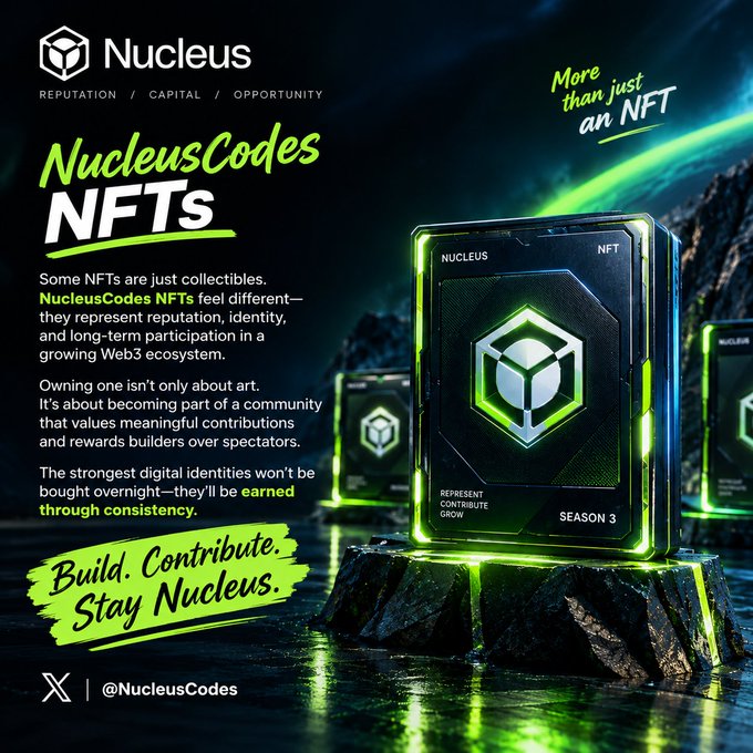 A promotional image for NucleusCodes NFTs from Nucleus, showing glowing green NFT cards on rocks with text emphasizing reputation, identity, and long-term participation in the Web3 ecosystem.