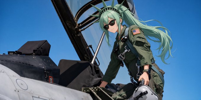 An anime character with long teal hair and sunglasses poses confidently atop a fighter jet's cockpit in a flight suit with an American flag patch, conveying a bold "get on board" attitude. The accompanying post promotes several crypto tickers—$PLS, $HEX, $PCOCK, and $PRVX—using the imagery to evoke a sense of taking flight with these investment opportunities.