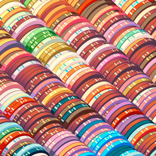 A digital illustration shows densely packed rows of multicolored bowls, plates, or hats arranged in a repeating pattern.
