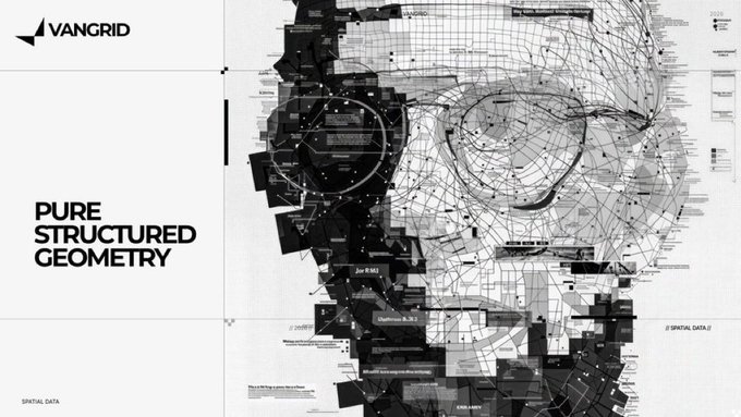 A black-and-white graphic design poster titled 'PURE STRUCTURED GEOMETRY' featuring the 'VANGRID' logo alongside a wireframe illustration of a human head composed of geometric shapes and data points.