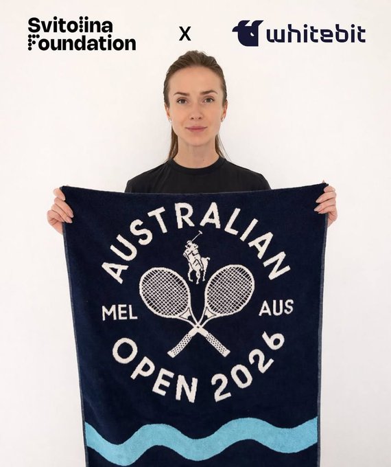 A promotional photo for the Svitolina Foundation x Whitebit collaboration showing a woman holding an Australian Open 2026 towel featuring crossed tennis rackets and Melbourne, Australia branding.