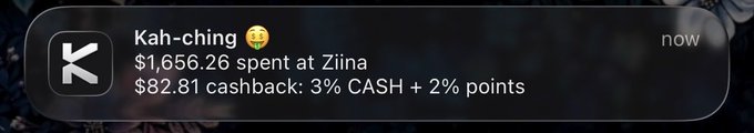 A mobile notification from the "Kah-ching" app displays a $1,656.26 payment to "Ziina" with $82.81 cashback (3% CASH + 2% points). The notification visually reinforces the post's theme of using cryptocurrency earnings to make a meaningful $1,656.26 charitable donation to an animal shelter.