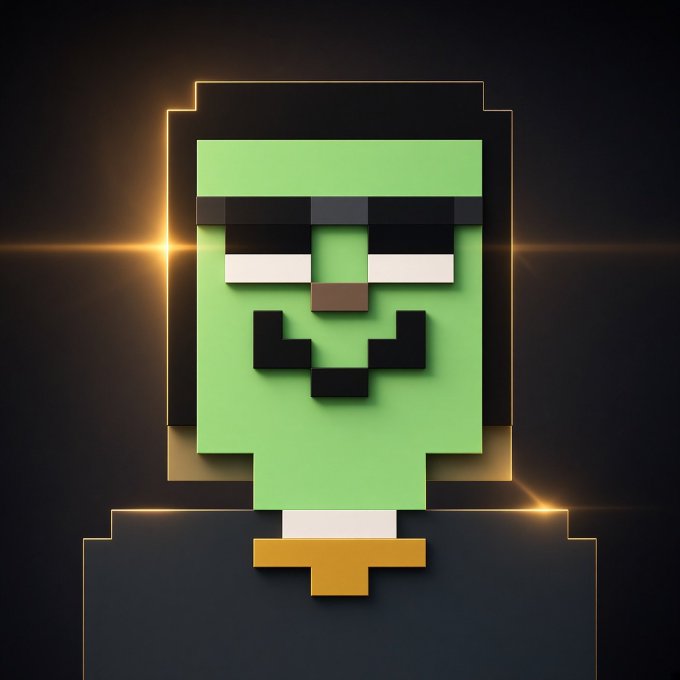 A pixel art style illustration depicts a green-skinned character with a black mustache and sunglasses, featuring a glowing golden outline against a dark background.