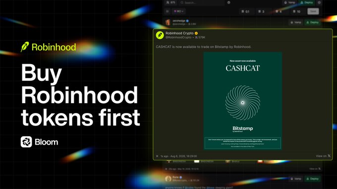 A promotional graphic for Robinhood Crypto on X shows tweets announcing that $CASHCAT (Bitslamp) is now available to trade on Robinhood via Bitstamp, alongside bold text reading "Buy Robinhood tokens first" with the Bloom logo, suggesting anticipation for which meme token Robinhood will list next.