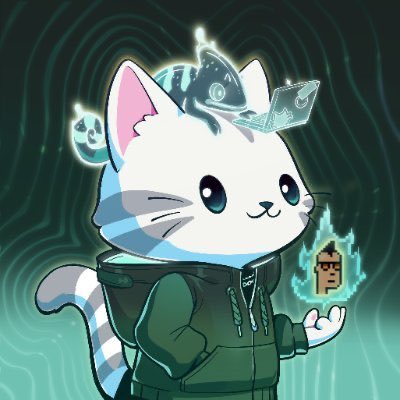 An illustration of a white cat character wearing a dark green hoodie, accompanied by floating ghost-like figures and a glowing 'SHIT' coin.