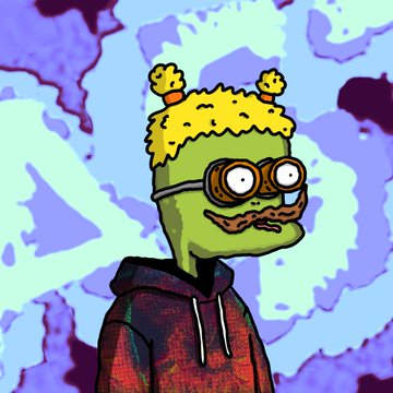 A digital illustration depicts a green-skinned character wearing a red hoodie and a yellow textured hat with goggles, set against a purple and blue abstract background.