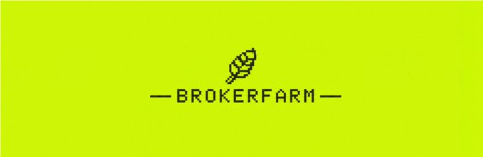 A logo for 'BROKERFARM' featuring a small wheat or feather icon on a bright lime-green background.