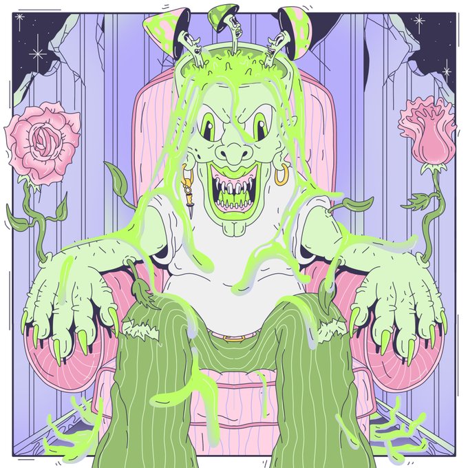 A cartoon illustration depicts a grotesque, green, slimy monster with sharp teeth and claws sitting on a pink chair, surrounded by dripping slime and pink roses.