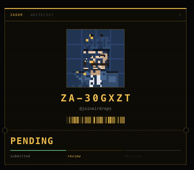 A dark-themed digital card showing a ZADDR Whitelist entry with the code 'ZA-30GXZT', featuring a pixelated character artwork, a barcode, and a 'PENDING' status bar at the bottom.