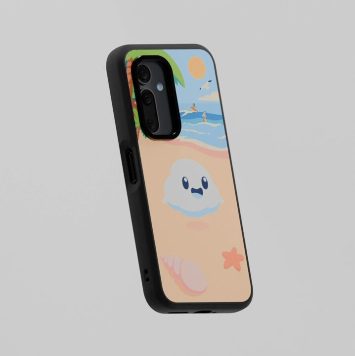 The image features a black phone case with a cartoon character of a white sea creature sitting on a beach. The case has a tropical theme, as indicated by the palm trees and ocean waves depicted on its design. The phone case is displayed against a gray background, making it stand out prominently in the image.