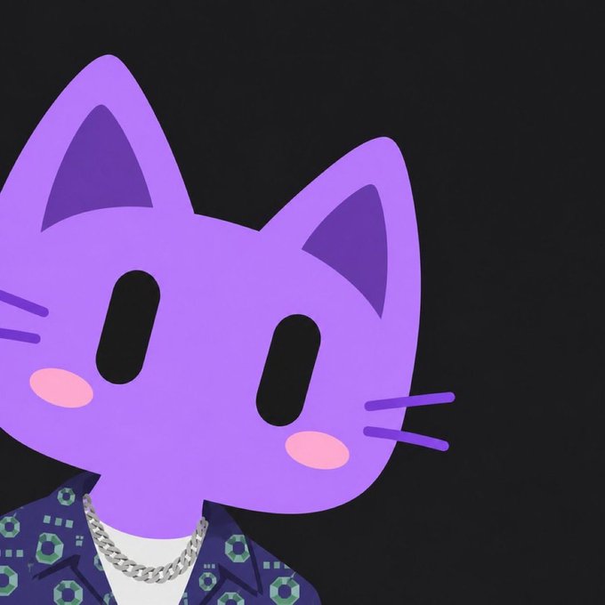 A purple cartoon cat character with black oval eyes, pink cheeks, and whiskers, wearing a blue patterned shirt and a silver chain necklace against a black background.