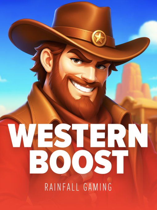 A smiling, bearded cowboy wearing a star-adorned hat is featured on a promotional graphic reading "WESTERN BOOST" by Rainfall Gaming, with a desert landscape and western town in the background. The image ties into the post's giveaway announcement, visually representing the Western-themed casino game on stake.com.