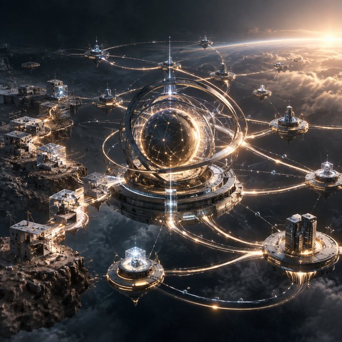 A fantastical digital artwork depicting a glowing, interconnected floating city with golden structures and platforms hovering above the clouds at sunset.