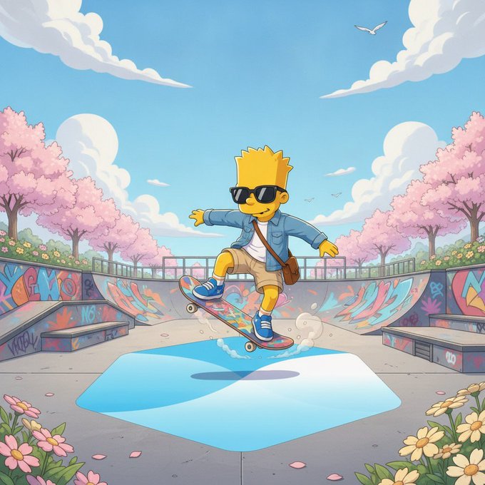 Bart Simpson skateboarding in a sunny skatepark with cherry blossom trees and a puddle, illustrating TermMaxFi's growing momentum as fixed-rate liquidity reaches new depth.
