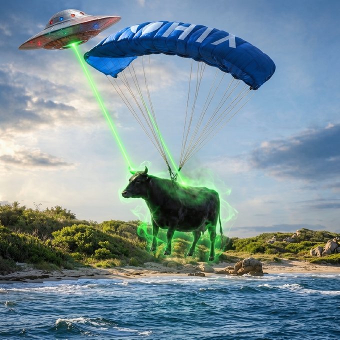 A black bull is being beamed down via parachute by a UFO over a coastal landscape, with green laser lights and energy aura surrounding it. The parachute prominently displays "PHLX" text, referencing the post's "gm bulls" call as it appears to "abduct" the bull into the market.