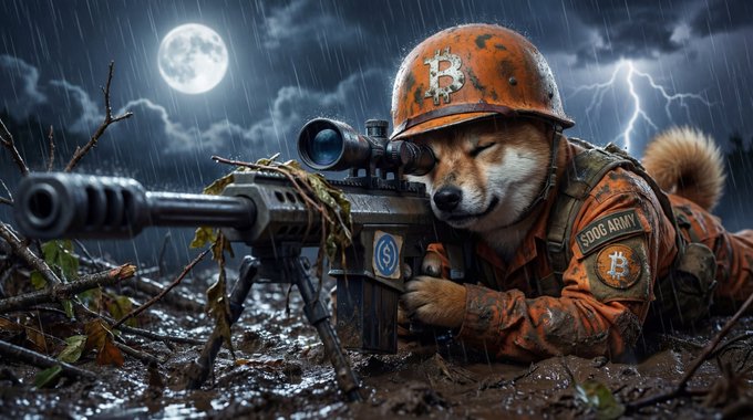 A digital illustration of a Shiba Inu dog dressed as a soldier wearing an orange Bitcoin-themed helmet, aiming a rifle with a scope in a rainy, moonlit battlefield setting.