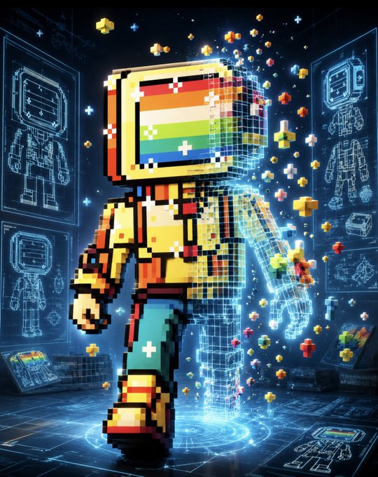 A colorful pixelated, blocky humanoid figure with a rainbow-striped visor face, walking forward amidst glowing digital cubes and holographic blue schematics.