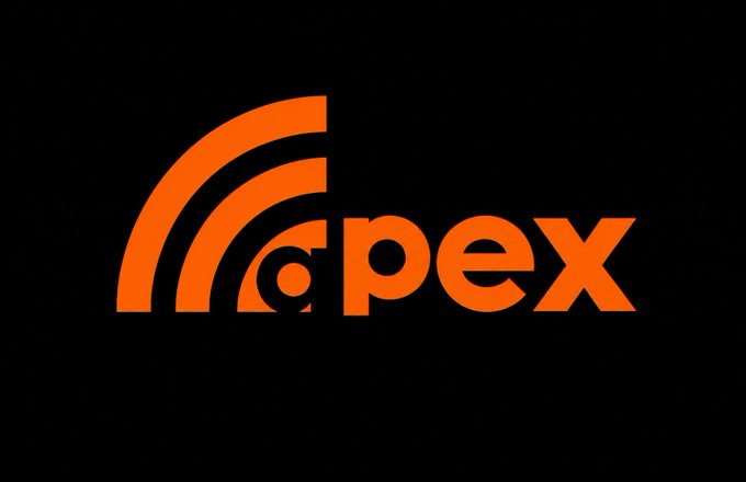The image shows the orange "apex" logo, featuring stylized curved lines forming a fan or broadcast signal design next to the lowercase brand name on a black background, representing @useapexnetwork's crypto platform.