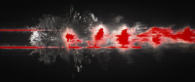 An abstract artwork with a black background featuring two horizontal red lines and red and white smudged/blurred shapes resembling a motion-blurred digital glitch effect.