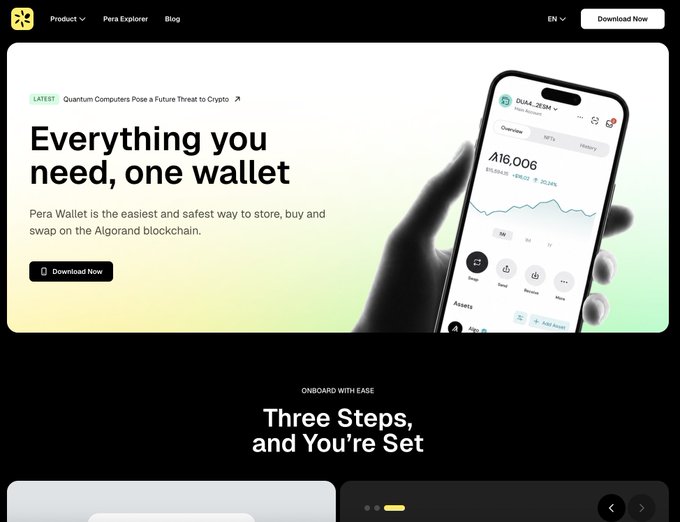 A sleek website homepage for Pera Wallet, the Algorand blockchain wallet, featuring the tagline "Everything you need, one wallet" alongside a mockup of a phone displaying a wallet balance of ₳16,006. The post celebrates the wallet's fresh new website design, which is reflected in the modern, clean interface shown.