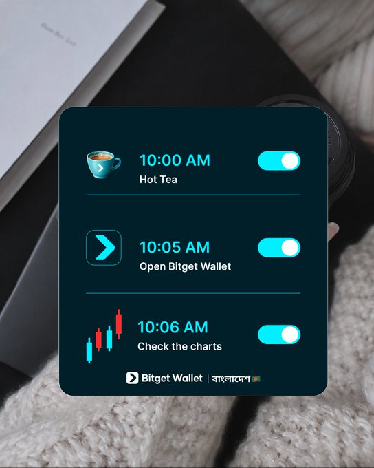 A Bitget Wallet advertisement displays a dark teal schedule card with three reminders: '10:00 AM - Hot Tea', '10:05 AM - Open Bitget Wallet', and '10:06 AM - Check the charts'.