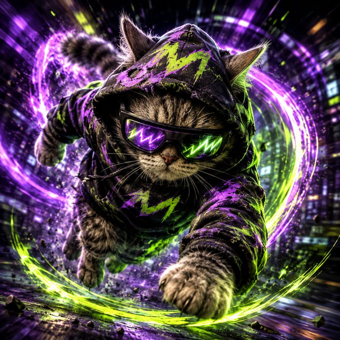 A hooded tabby cat wearing glowing purple and green lightning-bolt sunglasses bursts forward through a swirling neon vortex, embodying the high-energy "Motion Cat" meme coin mascot with zero brakes and nine lives.